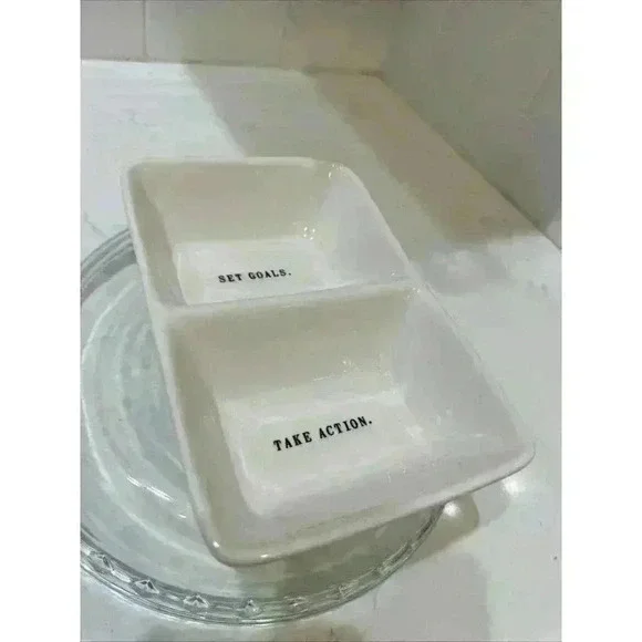 Rae Dunn SET GOALS TAKE ACTION Divided Serving Dish Artisan Magenta 8x5 - Picture 2 of 11